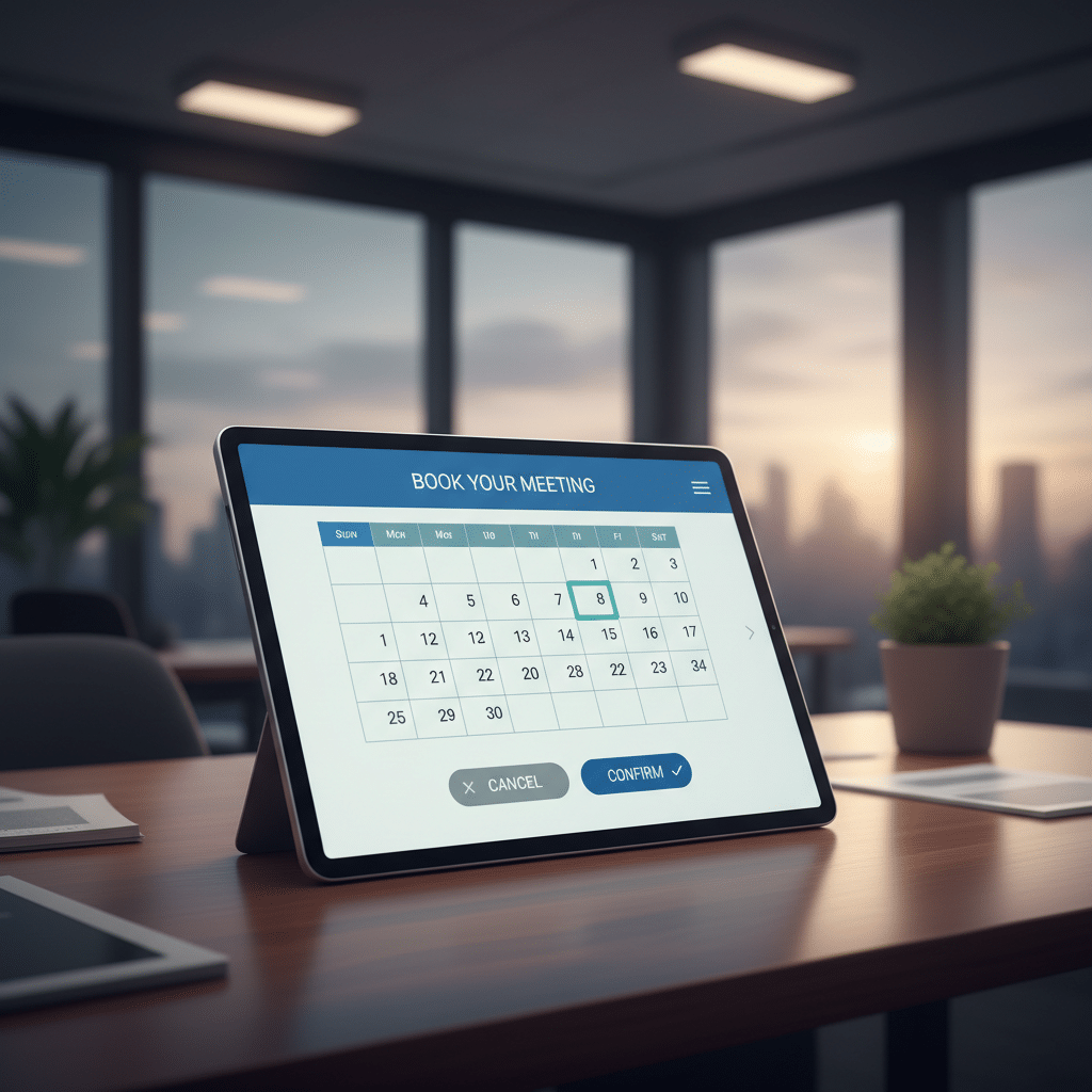 Un tablet su una scrivania da ufficio mostra una schermata per la prenotazione di riunioni con un calendario.