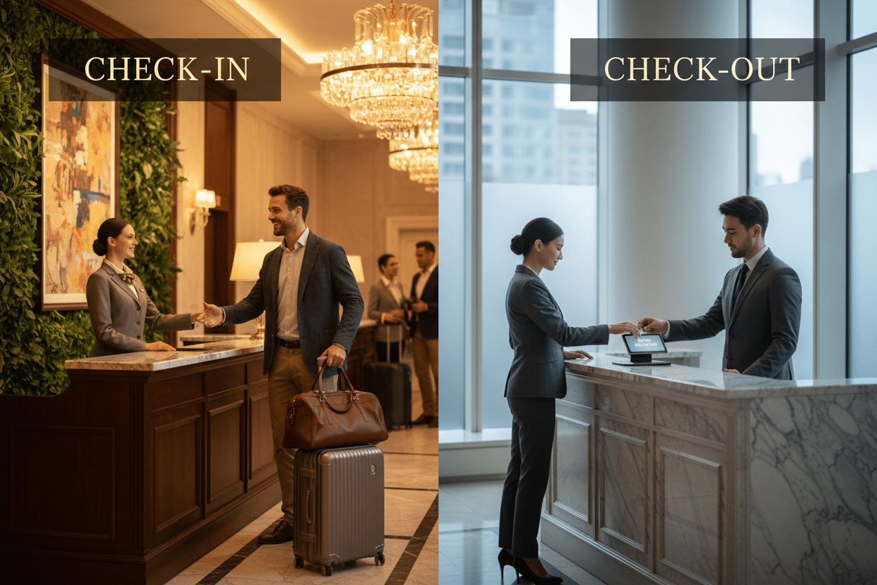 Un collage che mostra a sinistra il check-in in un hotel con un ospite accolto alla reception e a destra il check-out con un cliente che restituisce la chiave.