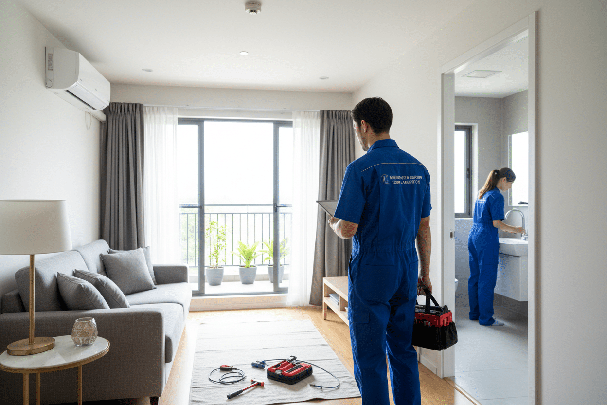 Due tecnici in tuta blu lavorano in un appartamento luminoso, con strumenti sparsi sul pavimento e una cassetta degli attrezzi.