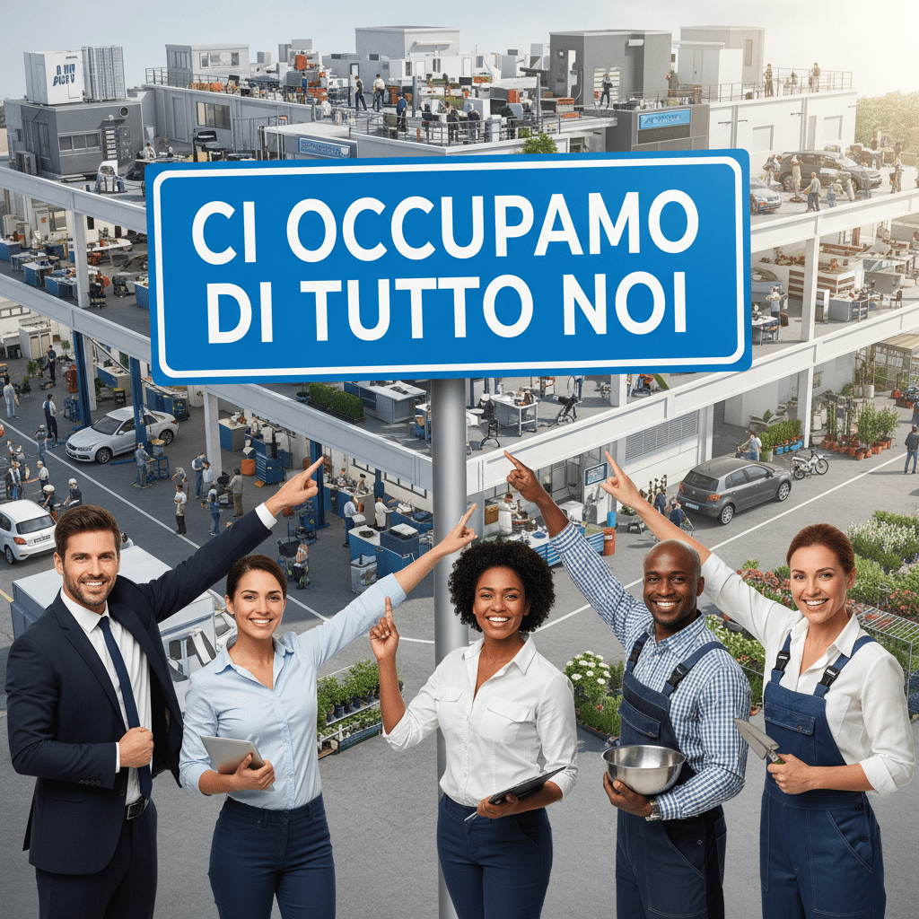 Cinque professionisti sorridenti indicano un grande cartello blu con la scritta "CI OCCUPIAMO DI TUTTO NOI", con sullo sfondo una complessa fabbrica multi-livello.