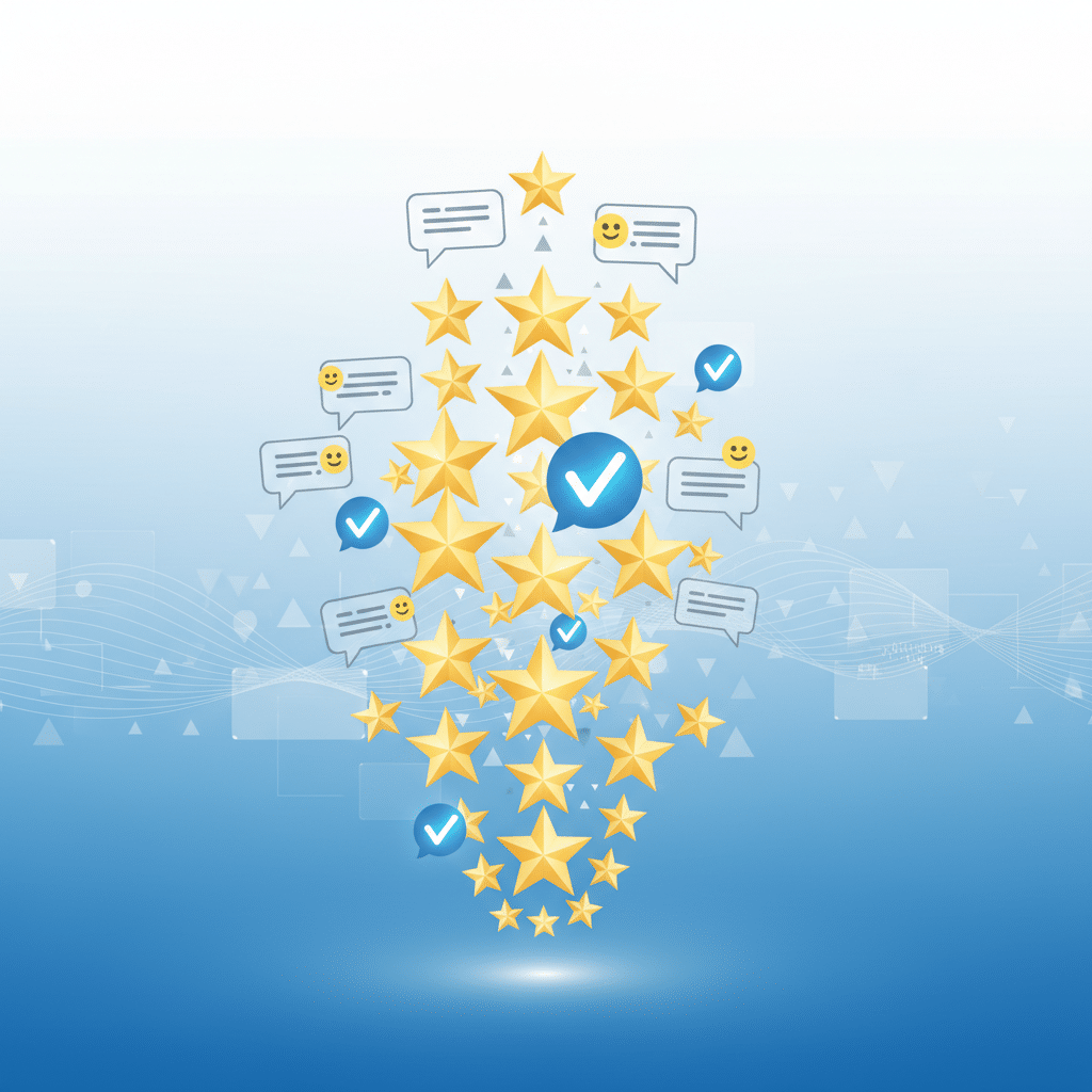 Diverse icone di stelle dorate e fumetti di chat con emoji sorridenti disposte a formare una grande lampadina su sfondo blu.